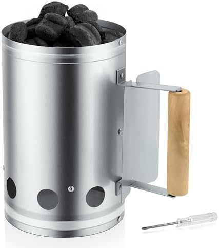 Leonyo Charcoal Chimney Starter, Heavy Duty BBQ Chimney Starter Perfect for Charcoal Grill and BBQ, Sturdy and Easy to Use BBQ Grill Tool for Rapid Fire Starter, Heat Resistant Wooden Handle, Silver