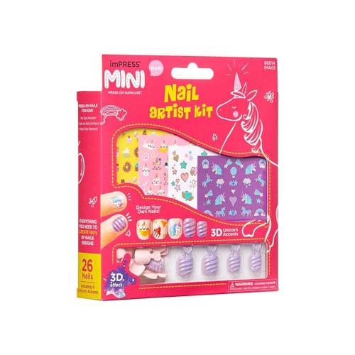 KISS imPRESS No Glue Mani Press On Nails, Mini Nail Artist Kit, 3-D Effect, Pink, Kids Size, Squoval Shape, Includes 26 Fake Nails, 4 Sticker Sheets, 1 Mini Nail File