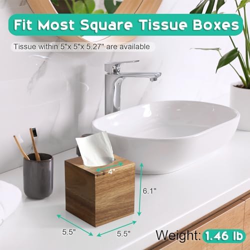 ALELION Tissue Box Cover Square - Acacia Wood Tissue Box Holder for Tabletop Night Stands Bathroom Office - Decorative Facial Cube Tissue Box Cover for Modern Farmhouse Decor