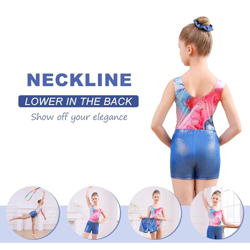 Girls 3 Piece Gymnastics Biketards Size 8 Big Girls' 3d Printed Blue Pink Marble Gym Leotards Size 6 8 Girl's Drift Quick Dry Elastic Ballet Dance Sets with Boy Short for Girl Sporty Sets,8 9 Years