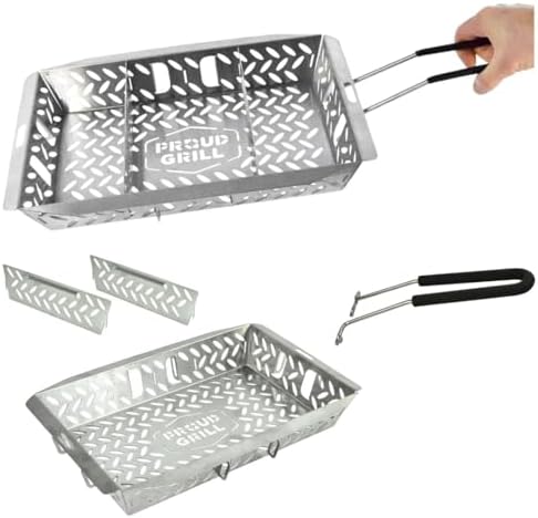 Proud Grill UltraVersatile Stainless Steel Grill Basket - Large BBQ Griddle basket for Outdoor Grill Vegetables - Meat - Fish Grill Basket with Detachable Handle & Movable Dividers