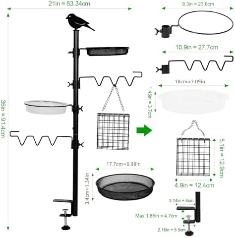 Deck Bird Feeder Station Kit Deck Bird Bath Hook Bird Feeding Pole, Steel Multi Bird Feeder Railing Hanging Kit, Bird Feeder Stand Porch Planter Hanger for Attracting Wild Birds(Black)