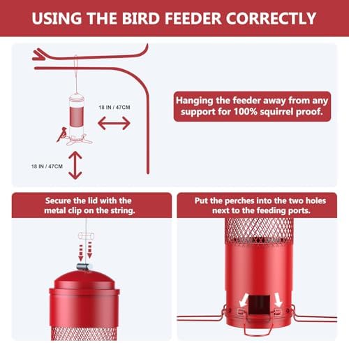 Bird Feeders for Outdoors Squirrel Proof with Weight-Activated Perches, Hanging Bird Feeder for Outside, Metal Feeder for Wild Birds, Finch, Blue Jay, Chickadee, 3LB Seed Capacity, Red