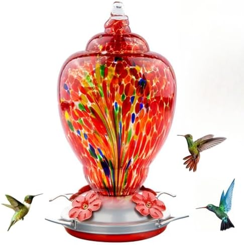 WOSIBO Hummingbird Feeder for Outdoors Patio Large 32 Ounces Colorful Hand Blown Glass Hummingbird Feeder with Ant Moat Hanging Hook, Rope, Brush and Service Card (RED-Firework)
