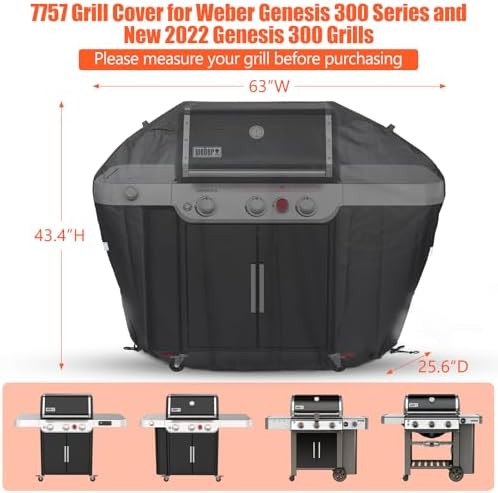 QuliMetal 63 Inch Grill Cover for Weber Genesis 300 Series and New 2022 Genesis 300 Grill, Heavy Duty Waterproof Fade Resistant Outdoor BBQ Grill Cover with Elastic Drawstrings, Compared to Weber 7757