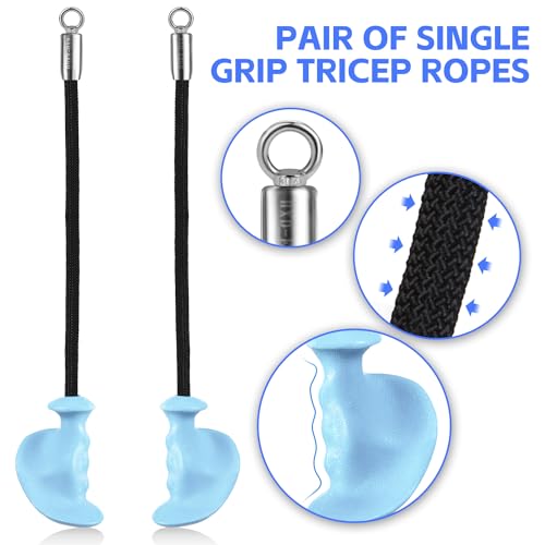 HXD-ERGO Single Tricep Rope Set of 2, Tricep Pull down Rope with Ergonomic Grip for Cable Machine - Single Arm Tricep Pull Down Cable attachment for Rope Cable Curl, Overhead Triceps Extension (Blue)