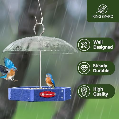 Kingsyard Platform Bird Feeder for Outdoor Hanging - Rugged Recycled Plastic Wild Bird Feeding Station with Adjustable Dome & Metal Mesh Tray, Blue