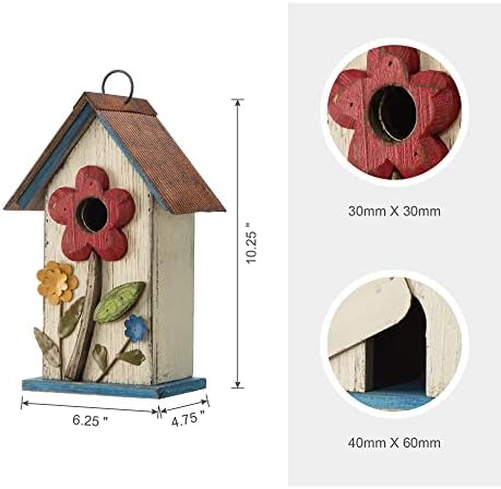 Glitzhome 10.2" H Hanging Bird House for Outdoor Patio Garden Decorative Birdhouse Pet Cottage Wooden Distressed Birdhouse, Flower Rustic White