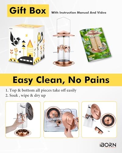 iBorn Metal Bird Feeder for Outside Hanging,Wild Bird Feeders for Cardinal,18cm Large Roof&Tray Brushed Copper 10 Port(Seed is not Included)