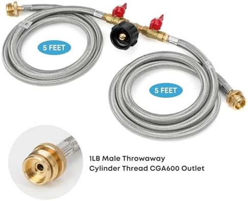 Stanbroil 5 Feet Stainless Braided Propane 2 Way Splitter Adapter Hose with Shut Off Valve Perfect for Camping, Heater, Grill, Stove