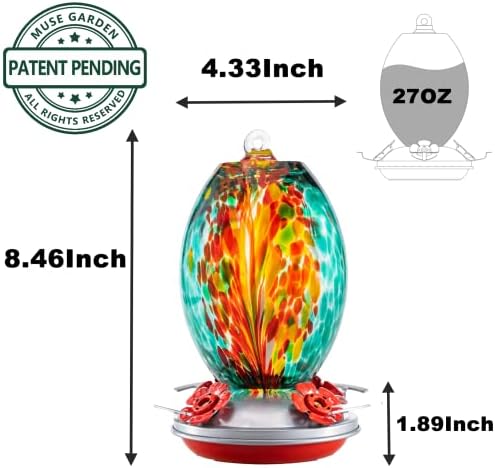 Muse Garden Glass Humming Bird Feeders for Outdoors - 27OZ Blown Glass Hummingbird Feeder - Unique Gift for Mom Women, Outdoors Hanging Garden Decor, Includes Ant Moat & Brush, Emerald Peacock
