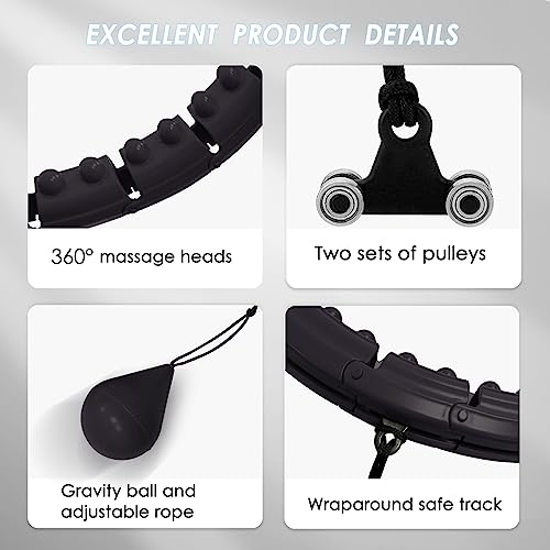 Brebon Weighted Hoola Infinity Exercise Fit Hoops Plus Size for Weight Loss, 2 in 1 Weight Loss 24 Detachable Knots Fitness Abdomen Equipment Hoops Adjustable Auto-Spinning Ball for Adult (Black)