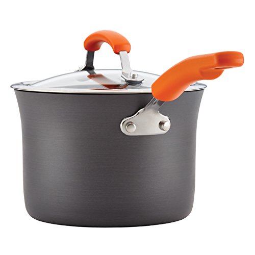 Rachael Ray Brights Hard-Anodized Aluminum Nonstick Cookware Set with Glass Lids, 10-Piece Pot and Pan Set, Gray with Orange Handles