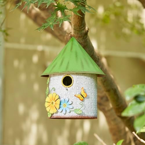 Glitzhome 11" H Distressed Metal Cottage Decorative Birdhouse with a Cluster of 3D Flowers and Butterfly Hanging Bird House for Garden Patio Backyard