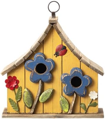 Glitzhome Hanging Birdhouses for Outside, 10.75" L Distressed Solid Wood Birdhouse with 3D Flowers Rustic Two-Story Townhouse Hand-Painted Bird Houses for Outdoors,Washed Yellow