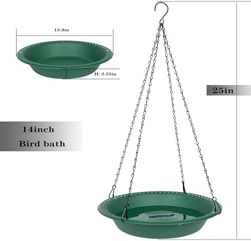 Bird Baths for Outdoors Heavy Duty, 14 inch BirdBath Bowl Only with 25” Rust-Proof Black Chains, Hanging Birds Bath Hanging Bird-Feeder for Garden Backyard Decor (Green 2 Pack)