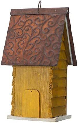 Glitzhome 12" H Yellow Distressed Solid Wood Cottage Birdhouse Hanging Bird House for Outdoors
