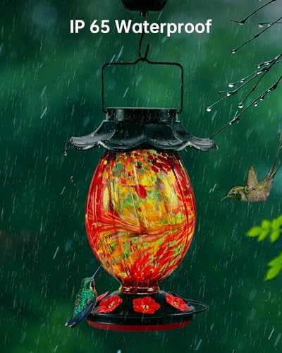 Solar Hummingbird Feeder - 49 fl.oz Hand Blown Glass Color Changing - 7 Feeding Ports with Perch - Never Leak - Perfect Hummingbird Feeder for Outdoors Hanging (Red)