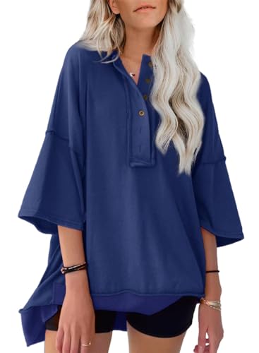 AlvaQ Women's Oversized T Shirts Short Sleeve Henley Neck Summer Tops Casual Loose Basic Tee Shirts 2024 Trendy Clothes Tunic Blouse Blue Large