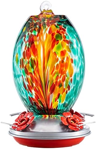 Muse Garden Glass Humming Bird Feeders for Outdoors - 27OZ Blown Glass Hummingbird Feeder - Unique Gift for Mom Women, Outdoors Hanging Garden Decor, Includes Ant Moat & Brush, Emerald Peacock
