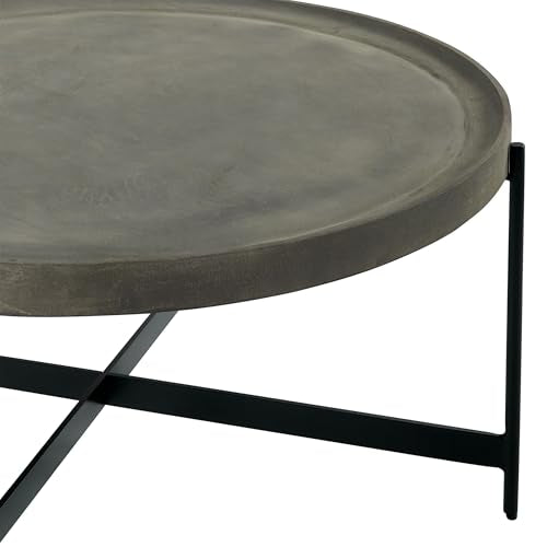 Alaterre Furniture Brookline 42-Inch Round Concrete-Coated Wood Coffee Table with Tray Top and Black Iron Legs – Industrial Farmhouse Living Room Accent Table with X-Frame Base