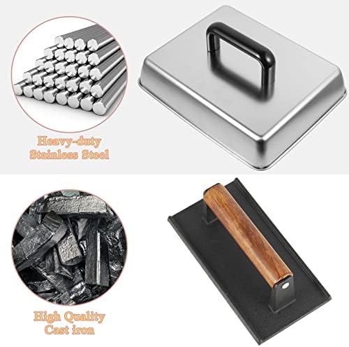 13 x 9 Inch Rectangular Basting Cover and Grill Press Kit for Blackstone Accessories, Universal BBQ Melting Dome Steaming Lid & Smash Burger Press for Flat Top Teppanyaki, Dishwasher Safe