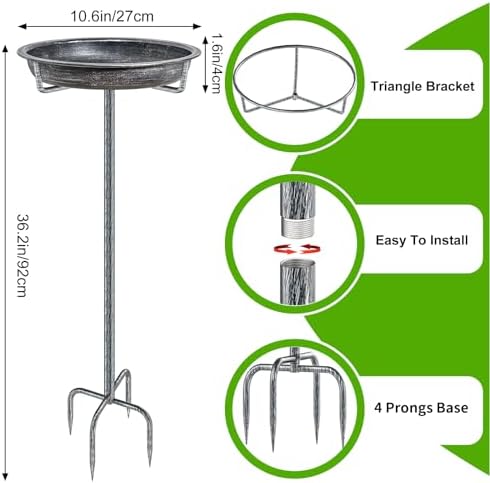 Metal Bird Bath for Outdoors Garden Birdbath Bowl, 36.2" Height Freestanding Bird Feeders for Outside with 4 Prongs Base Stake, Standing Birdfeeders for Yard Lawn Decor (Retro Silver)