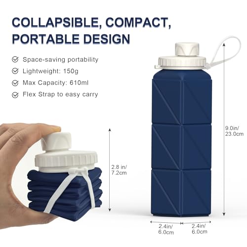 BEAUTAIL Collapsible Water Bottles 2 Pack, Silicone Foldable Portable Water Bottle 610ml, Lightweight Reusable Leakproof for Travel Camping Hiking Cycling Yoga Sports Outdoor (Dark Blue+Blue)