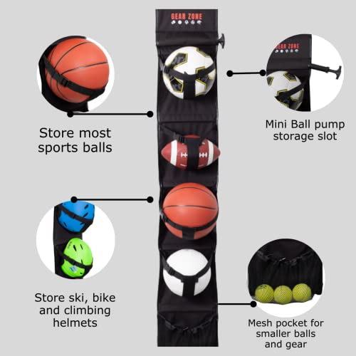 Gear Zone Hanging Sports Equipment Organizer | Multi-Purpose | Garage Sports Ball Storage | For Basketball Football Volleyball Tennis Soccer Biking | Toy Storage | Includes Hook & Pump