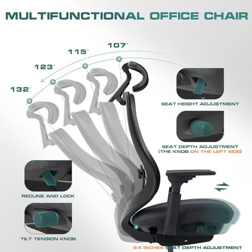 COLAMY Ergonomic Office Chair, Mesh Office Chair, High Back Office Chair, Computer Executive Desk Chair Lumbar Support with Adjustable Headrest and 4D Arms, Slide Seat, Tilt Lock-Black