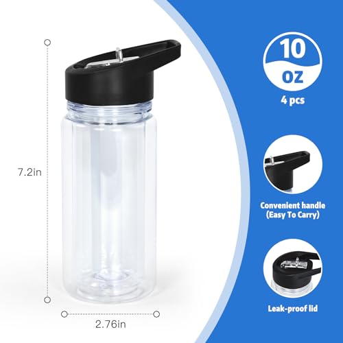 10oz Double Wall Clear Water Bottle Bulk Plastic Snow Globe Tumbler with Handle Lid, 4 Pack Acrylic Pre-Drilled Hole With Stopper Sippy Snow Globe Kid Water Bottle for Scool Sport DIY Gift, Black