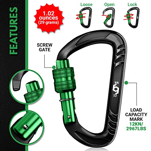 RHINO Produxs 2PCS of 12kN (2697 lbs) Heavy Duty Lightweight Locking Carabiner Clips - Excellent for Securing Pets, Outdoor, Camping, Hiking, Hammock, Dog Leash Harness, Keychains, Water Bottle