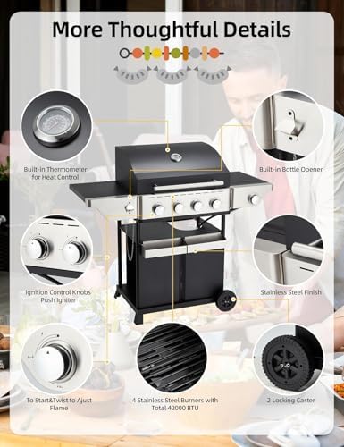 4-Burner outdoor grill with Side Burner, Stainless Steel Spice Rack 542 Sq.In BBQ, 45,000 BTU Portable Propane Grill Output for Outdoor Cooking Kitchen, gas grills Barbecue