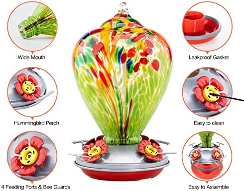 Muse Garden Hummingbird Feeders for Outdoors Hanging, Blown Glass Hummingbird Feeder, Hummingbird Gifts for Mom, Garden Decor for Outside, Unique Gifts Idea for Women, 34 OZ, Green Fireworks