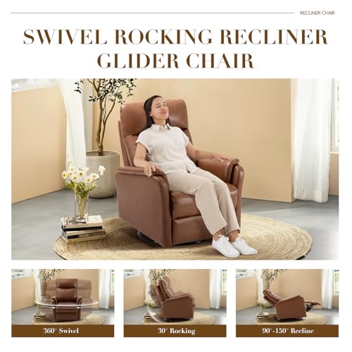 Swivel Rocking Recliner Glider Chair, Leather Nursery Reclining Rocker Chair with Footrest, Ergonomic Backrest, Wide Seat Cushion and Metal Base-Cocoa