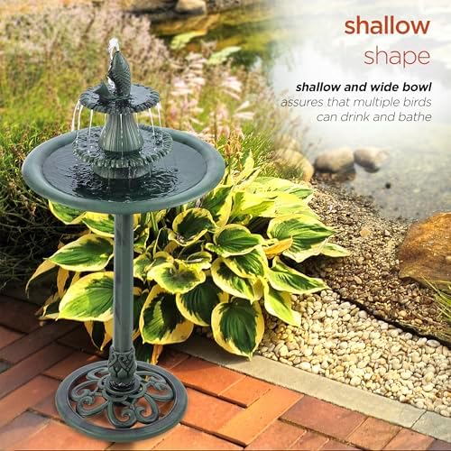 Alpine Corporation TEC104 Outdoor Floor 3-Tiered Pedestal Soothing Cascading Waterfall Fountain with Birdbath, 40", Green