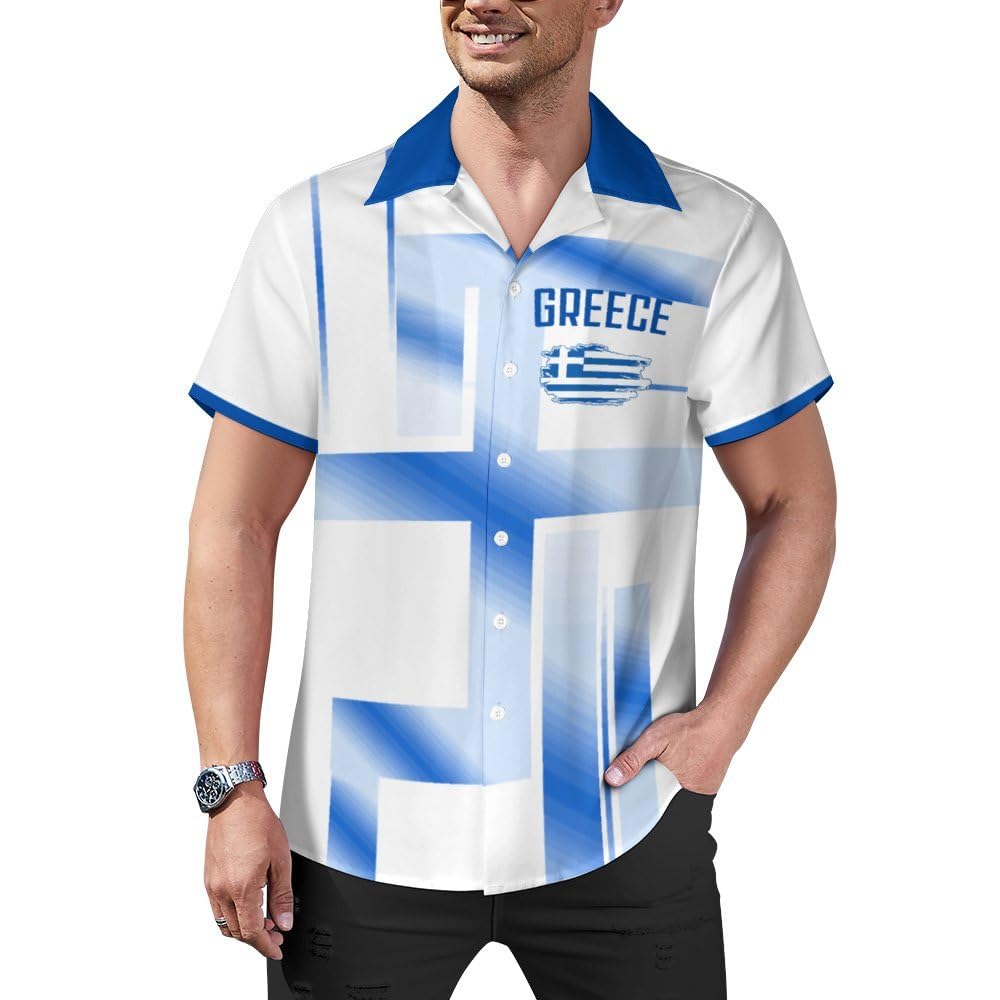 GIF4FOT Custom 2024 Greece Soccer Cuban Neck Shirt Hawaii Short Sleeve Personalized Name Number for Men Sports Gift, Small
