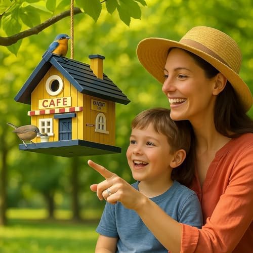 Colorful Bluebird House - Solid Cedar Wood Bird House + Feeder - Stainless Hardware - 2 Optional Hole Size 1.5" /1.25" - Post Mountable Multi-Functional (American Cafe)