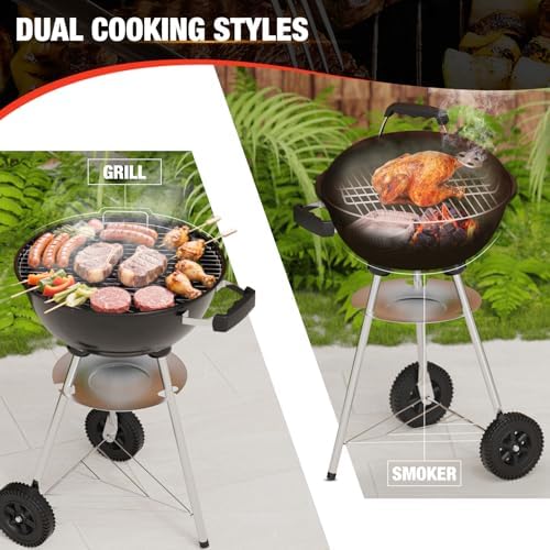 18 inch Charcoal Grill, Portable Kettle Barbecue Grills,Durable & Easy to Assemble, Round Smoker/BBQ Grill with Wheels for Backyard, Camping, Patio and Beach, Black