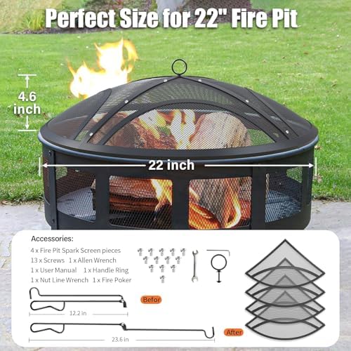 Fire Pit Spark Screen, Upgraded 22 Inch Outdoor Fire Pit Screen with Handle & Poker, Heavy-Duty Steel Fire Pit Cover Round Mesh Replacement Firepit Screen for Backyard/Beach/RV Camping