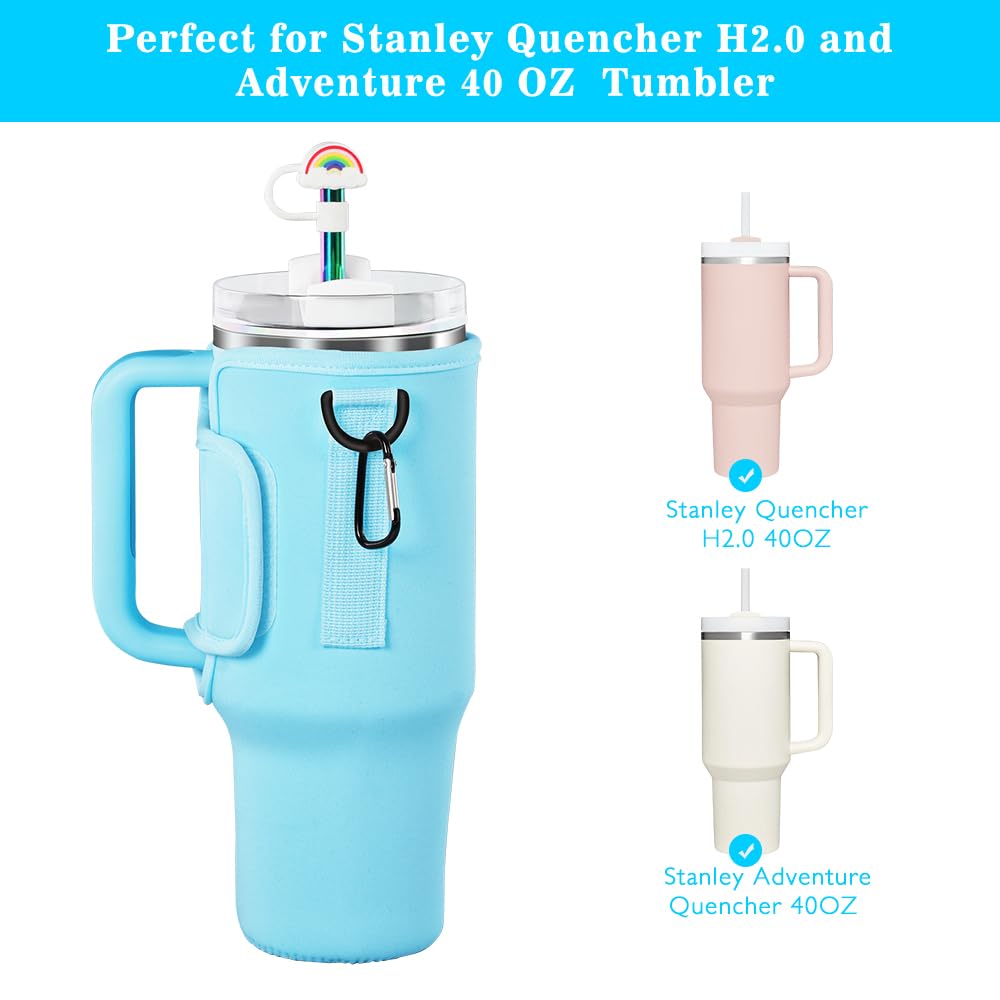 Evelame 3 in 1 Water Bottle Carrier Bag with Pouch Pocket fits Stanley 40 oz Tumbler, Water Bottle Holder with Strap for Stanley Cup Accessories with Stainless Steel Straws, Straw Cover (Blue)