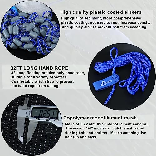 Drasry Saltwater Fishing Cast Net 3/8 and 1/4 Mesh with Heavy Duty Gray Sinker American Monofilament Fish Throw Net for Bait Trap 3FT 4FT 5FT 6FT 7FT 8FT 9FT Radius 1/4, 3FT Radius /90cm