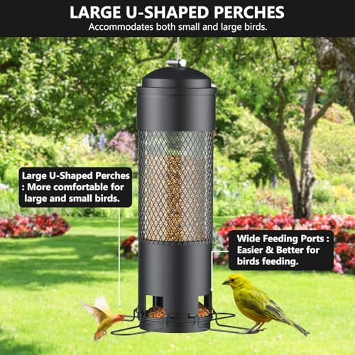 Bird Feeders for Outdoors Squirrel Proof with Weight-Activated Perches, Hanging Bird Feeder for Outside, Metal Feeder for Wild Cardinal, Finch, Blue Jay, Chickadee, 3LB Seed Capacity, Black