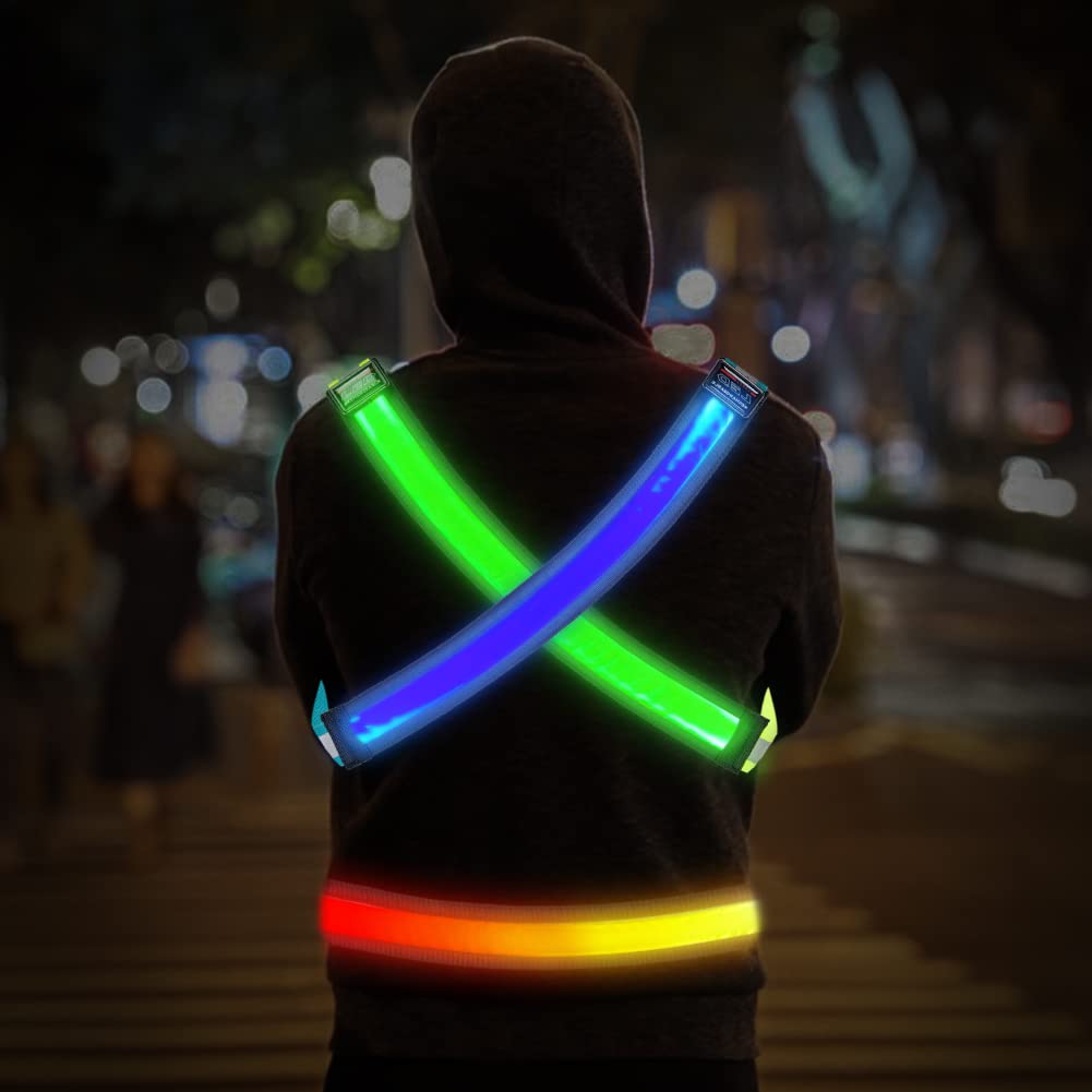 OLIKER LED Reflective Running Gear,High Visibility Reflective Belt Sash with Safety Light,USB Rechargeable Adjustable Size Night Reflective Accessories for Night Outdoor Sports Running Walking (Green)