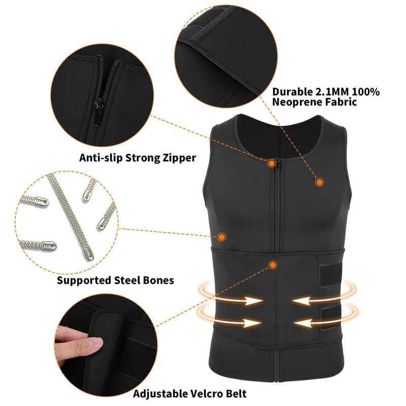 SHAPERIN Sweat Sauna Vest for Men Waist Trainer Body Shaper Zipper Neoprene Tank Top with Adjustable Belt Black S