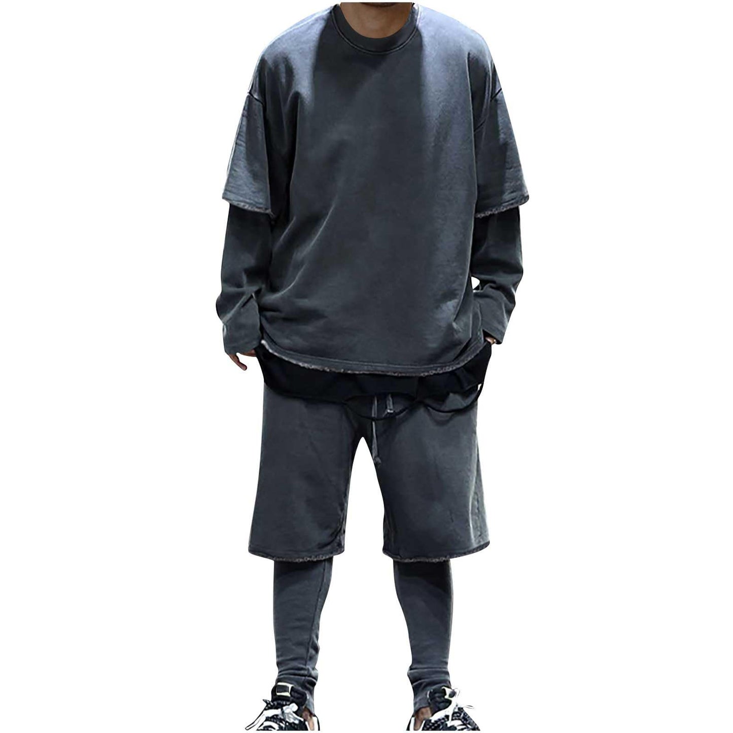 Generic Men's 2 Piece Outfits Casual Tracksuit Cargo Shorts Summer Athletic Drop Shoulder Sleeve Sportwear Set Round-Neck Solid Suits, Large