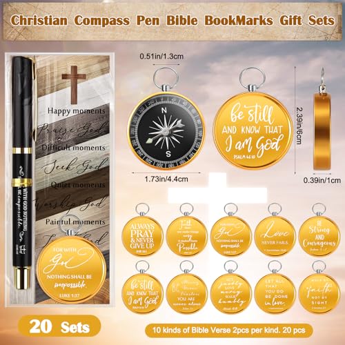 Spakon Christian Gifts for Men, Religious Gifts for Church Include Bible Verse Pens Compass Religious Bible Bookmark Inspirational Catholic Scripture Gifts for Church Sunday School (Classic,20 Sets)
