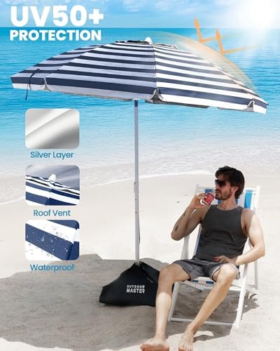 OutdoorMaster Beach Umbrellas for Sand with Sandbag & Anchor, 6.5ft Adjustable Umbrella for Beach Heavy Duty Wind, Portable UPF50+ Sunshade with Carry Bag for Patio, Navy Striped