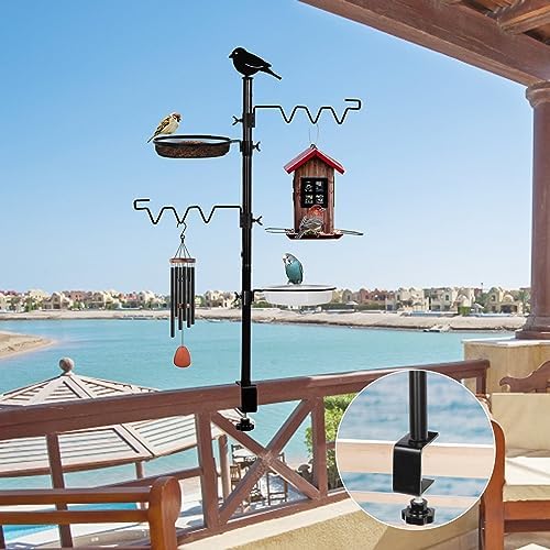 Deck Bird Feeder Station Kit Deck Bird Bath Hook Bird Feeding Pole, Steel Multi Bird Feeder Railing Hanging Kit, Bird Feeder Stand Porch Planter Hanger for Attracting Wild Birds(Black)