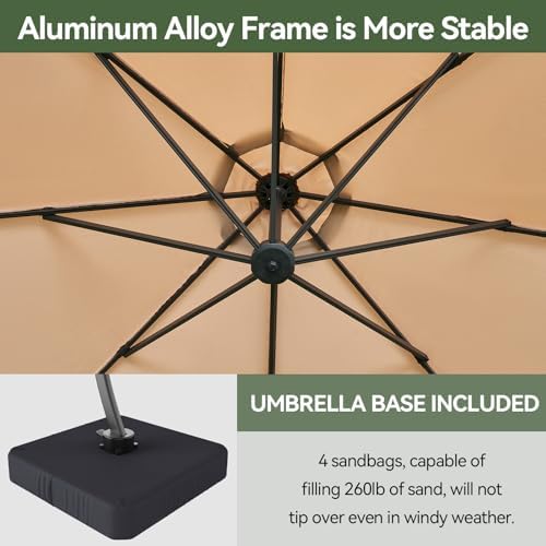 Aoxun 11 FT Cantilever Umbrella with Base Included, Patio Large Aluminum Offset Umbrella Windproof with 360°Rotation, Heavy Duty Frame for Outdoor, Pool, Deck and Garden